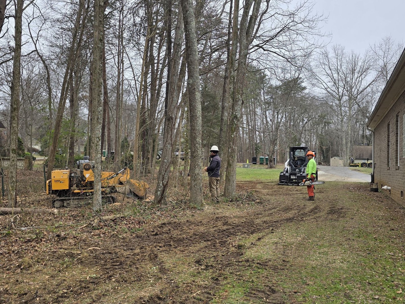 Crew clearing a treeline beside a house with a skid steer and a tracked stump grinder