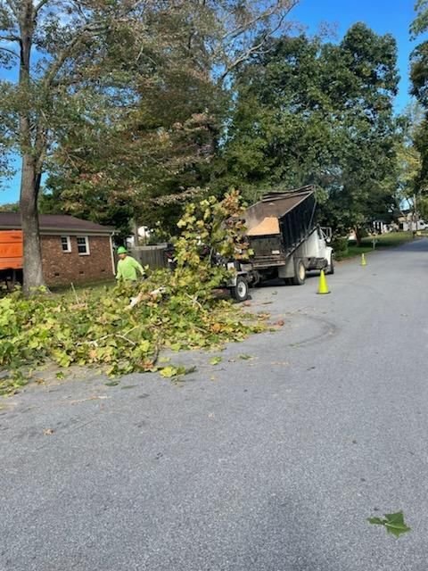 Crew member feeding storm brush into the chipper behind the truck on a residential street