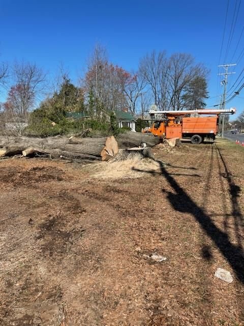 Cleared and graded building lot with the chip truck parked at the roadside