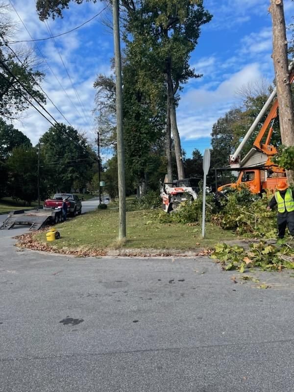 Bucket truck and grapple truck clearing storm debris from a residential street corner