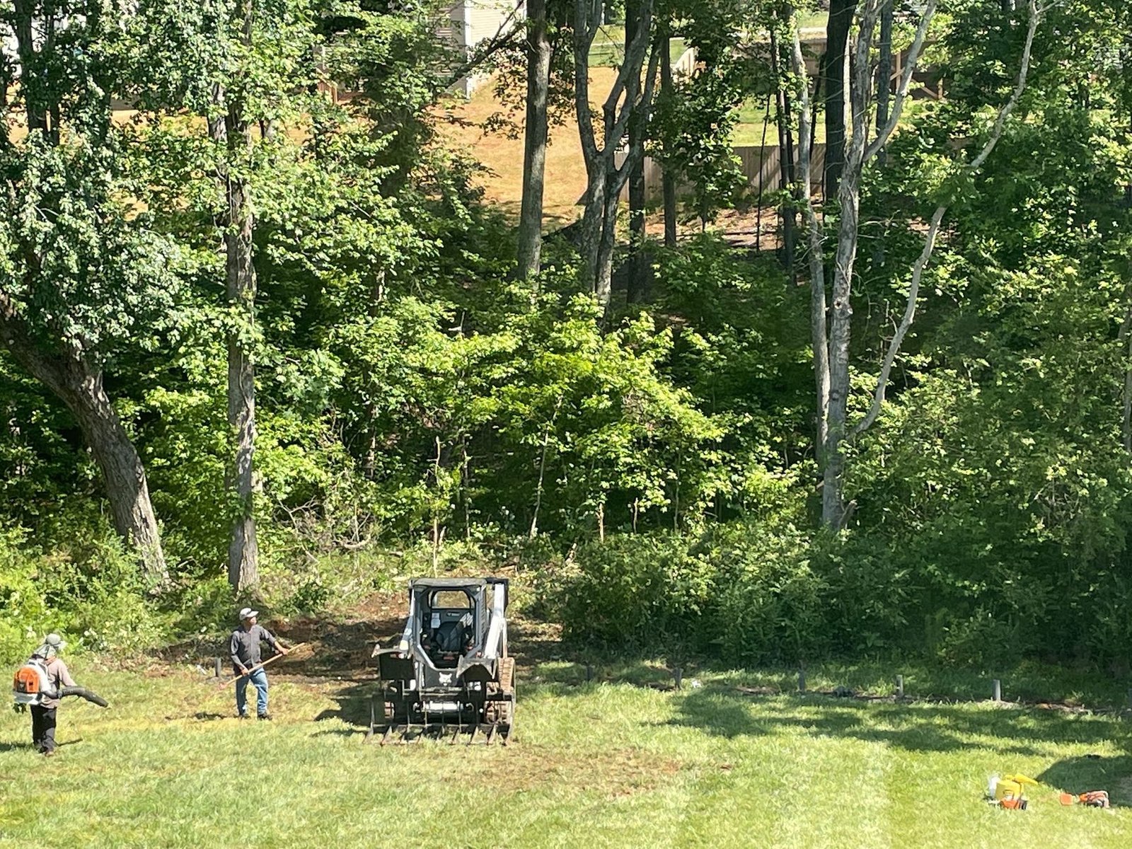 Crew working a treeline with blowers and a skid steer, clearing back the edge of a lawn